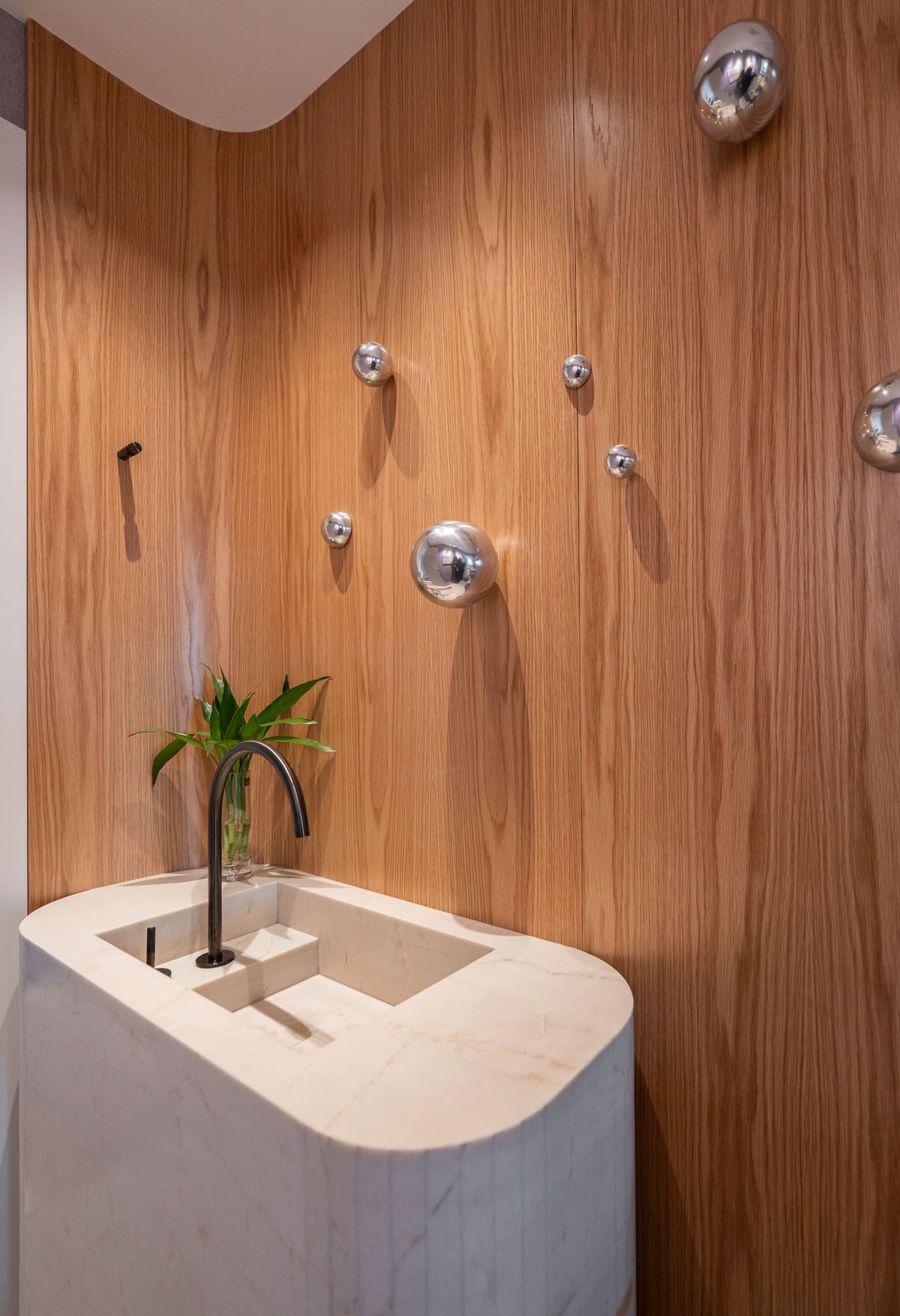 Bathroom with a wood-paneled wall and a sculpted stone basin