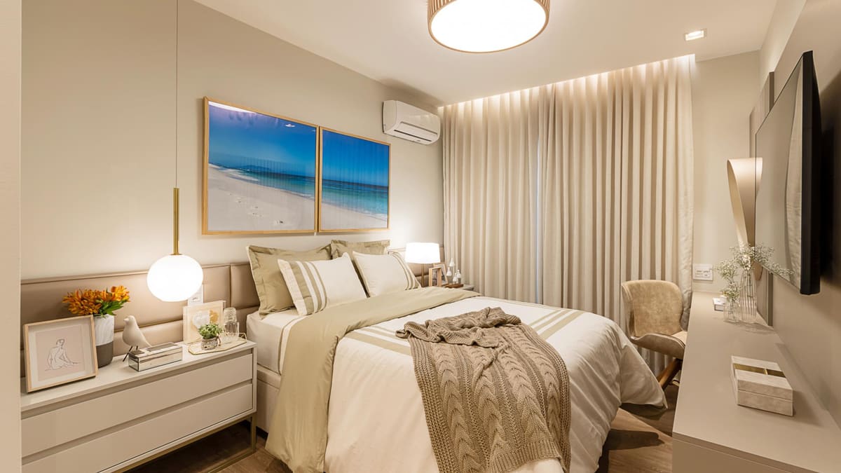 Bedroom in soft neutrals with a floating nightstand, a globe pendant and sheer curtains