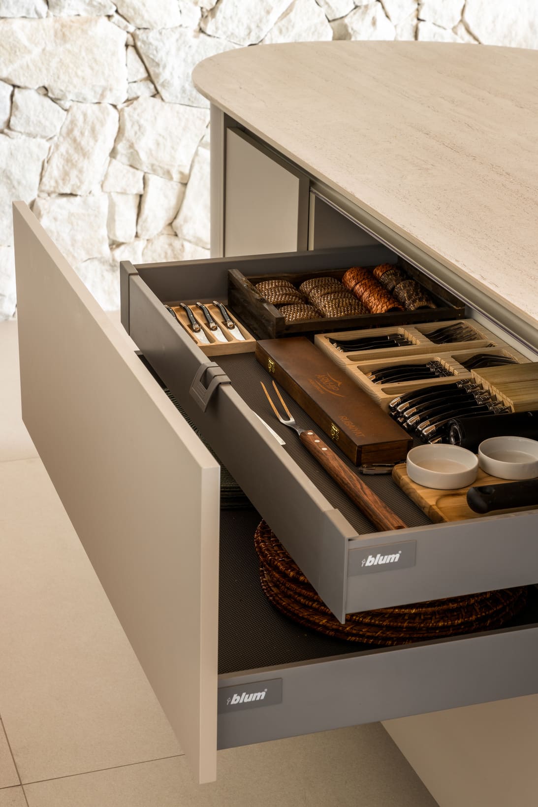 Deep kitchen drawer with a fitted wood cutlery organizer